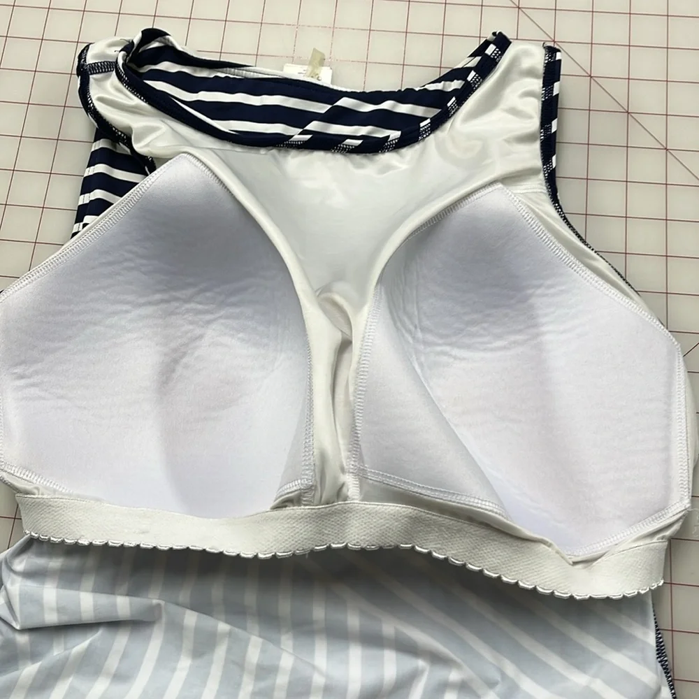 LAND'S END Navy/WHT Stripe High Neck Modest/Full Coverage Tankini Swim Top 16DD